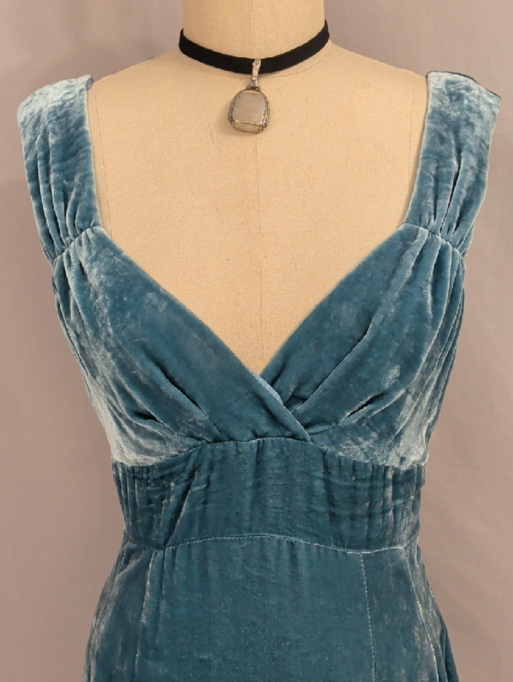 Bergdorf Goodman Draped Style w Plunge Neckline Aqua Blue Shimmer Velvet Dress - Picture 5 of 16